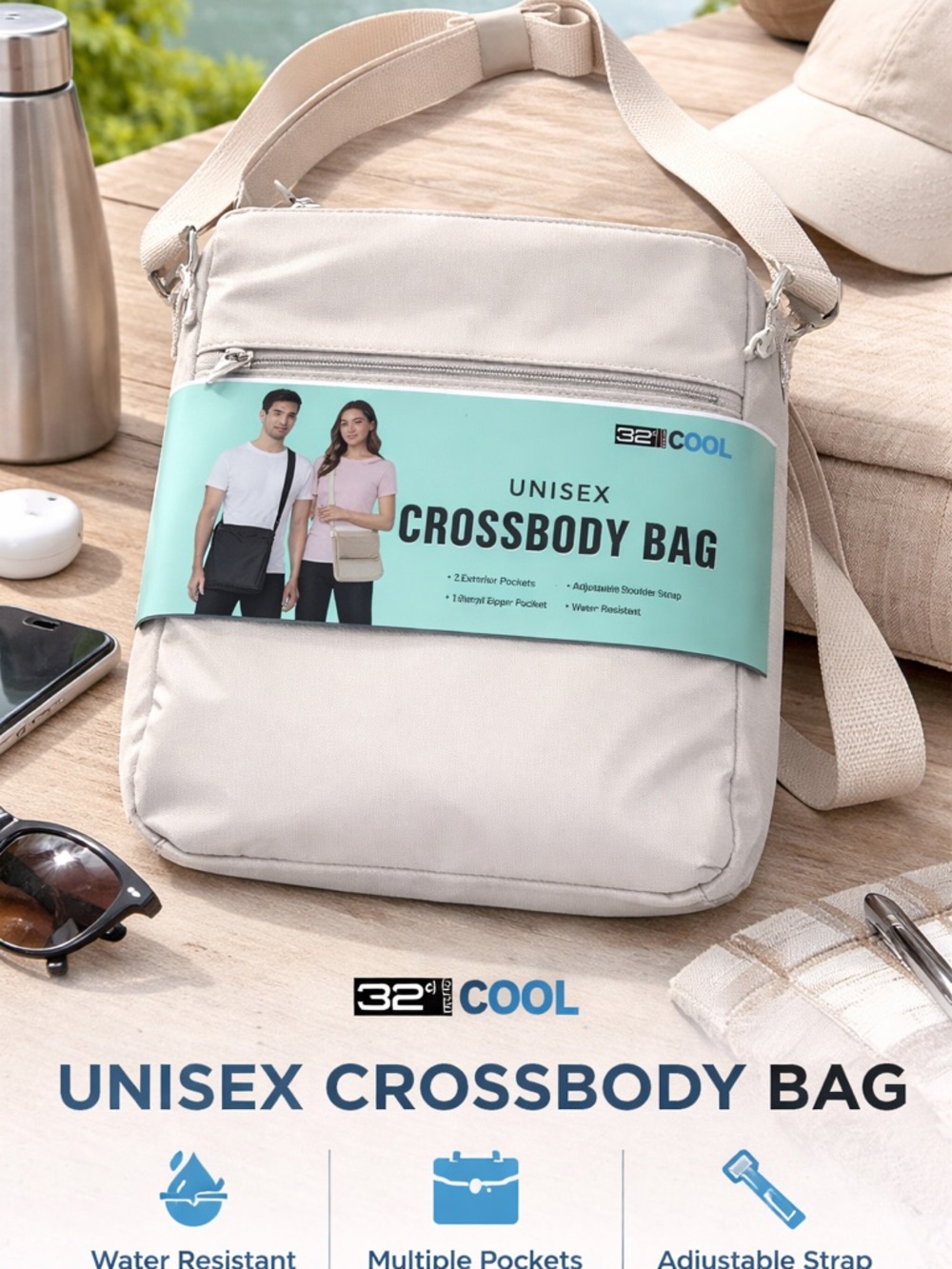 32 Degrees Unisex Crossbody Bag White and Silver